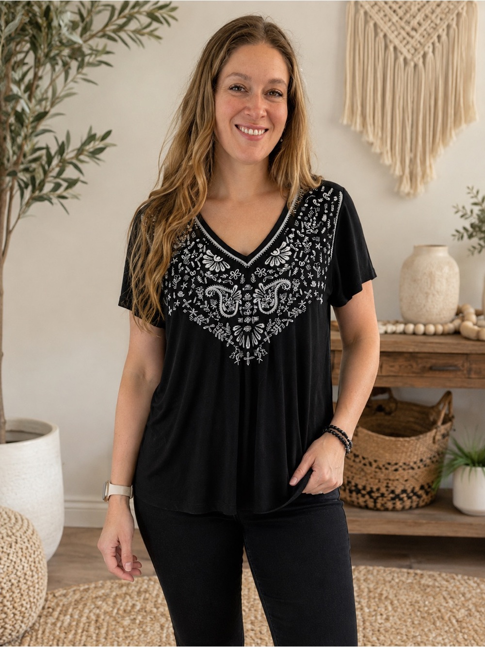 Philosophy Black V-Neck Short Sleeve Top with White Embroidered Yoke